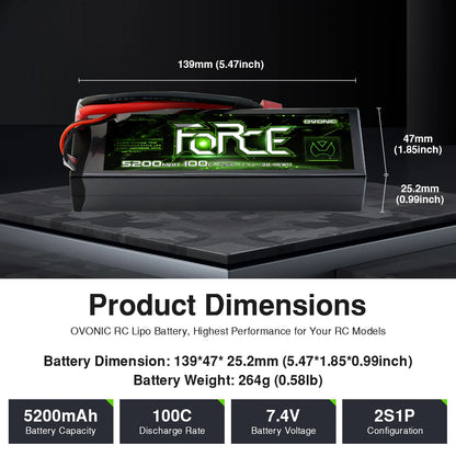 OVONIC Lipo Battery, OVONIC 5200mAh 100C 7.4V LiPo battery for RC models; high discharge, long runtime, includes T plug and voltage checker; compact size, lightweight.