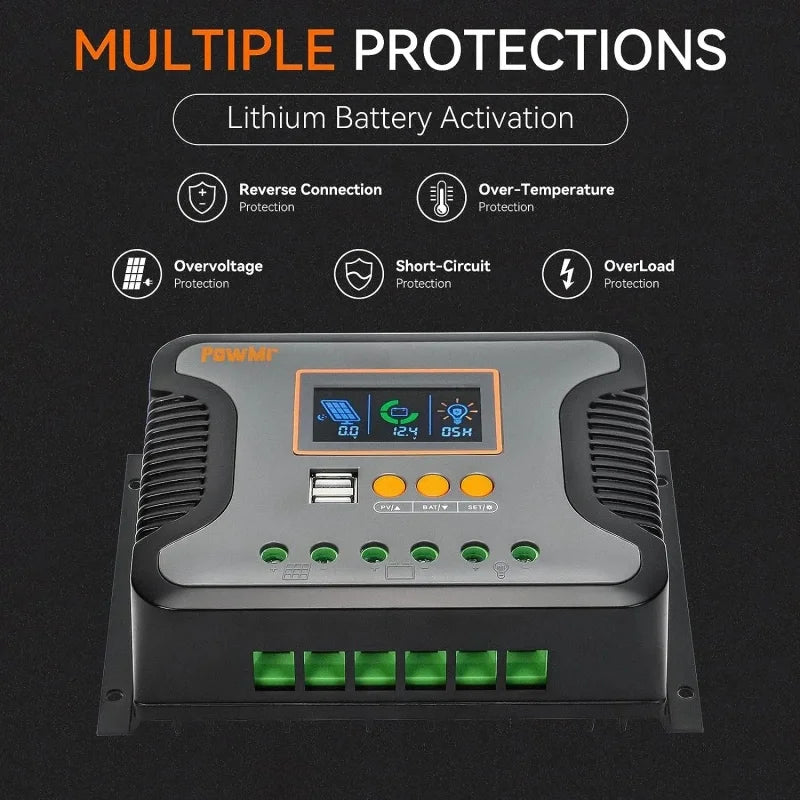 PowMr Pstar-80A PWM solar charge controller with LCD display, USB ports, and multiple protection features