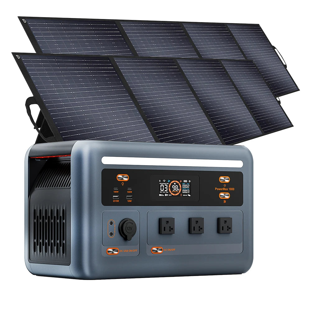 OSCAL PowerMax1800 Portable Power Station, 1024Wh LiFePO4 power station with 1800W AC output, app control, expandable design, and two 200W solar panels for versatile, portable energy.