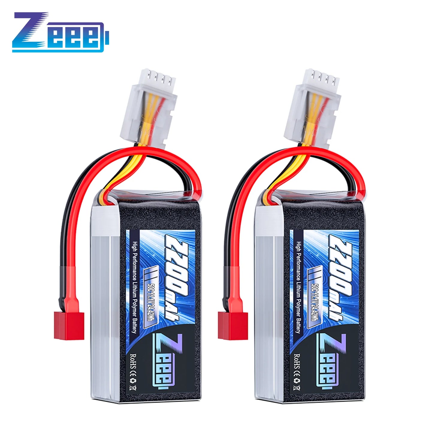 2pcs Zeee 3S 2200mAh 11.1V 50C Shorty LiPo Battery, T/XT60 Plug, for 1/10–1/8 RC Car, Drone, Airplane (75x34x26.5mm)