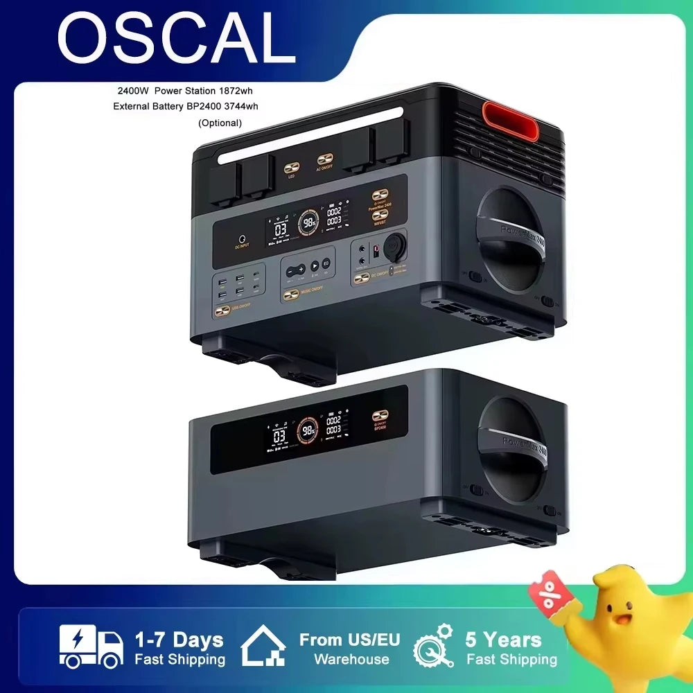 Oscal PowerMax 2400 Portable Power Station, OSCAL 2400W power station offers 1872Wh capacity, expandable to 3744Wh, with app control, solar support, fast shipping, and a 5-year warranty.