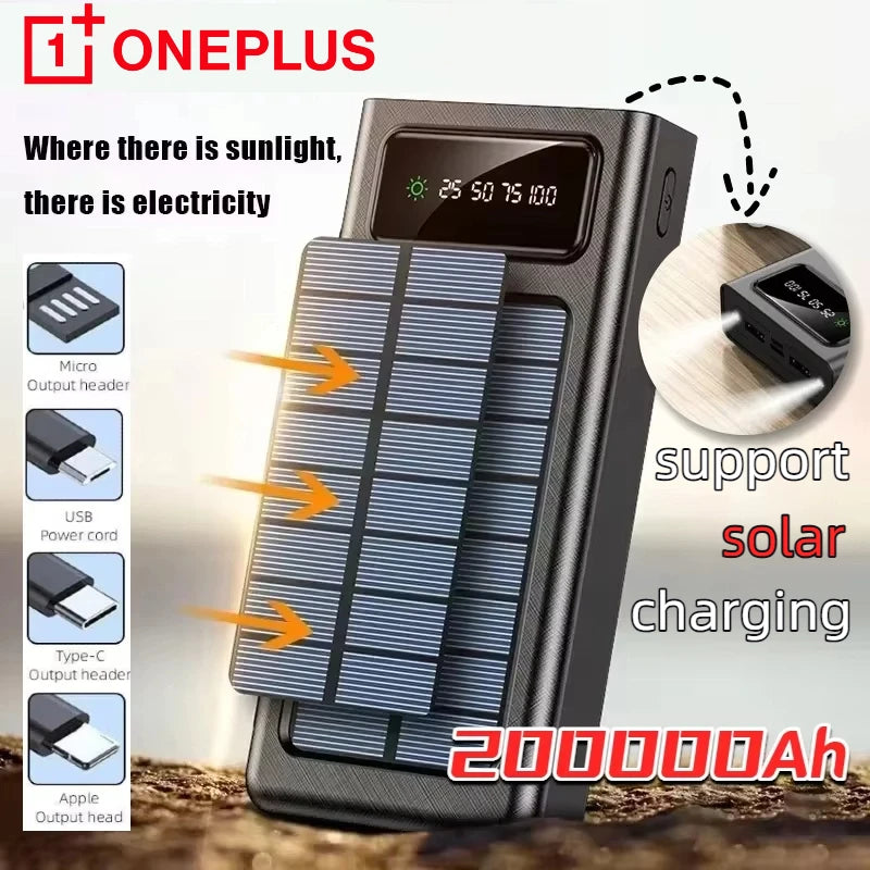 OnePlus 200000mAh Solar Power Bank, OnePlus 200,000mAh solar power bank features built-in cables, dual USB ports, LED flashlight, fast charging, and solar charging capabilities.