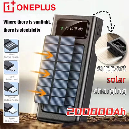 OnePlus 200000mAh Solar Power Bank, OnePlus 200,000mAh solar power bank features built-in cables, dual USB ports, LED flashlight, fast charging, and solar charging capabilities.