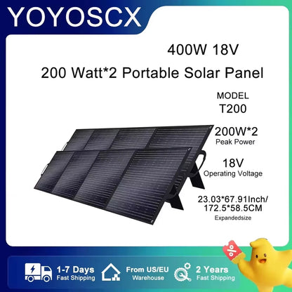 YOYOSCX Foldable Solar Panel, YOYOSCX 400W 18V portable solar panel with dual 200W panels, compact size, fast US/EU shipping, and 2-year warranty.