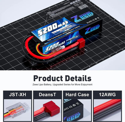 Zeee 2S RC LiPo Battery, High-performance 5200mAh LiPo battery for RC vehicles, featuring durable case, JST-XH and Deans connectors, RoHS/CE certified, ideal for enhanced speed and runtime in cars, trucks, and airplanes.