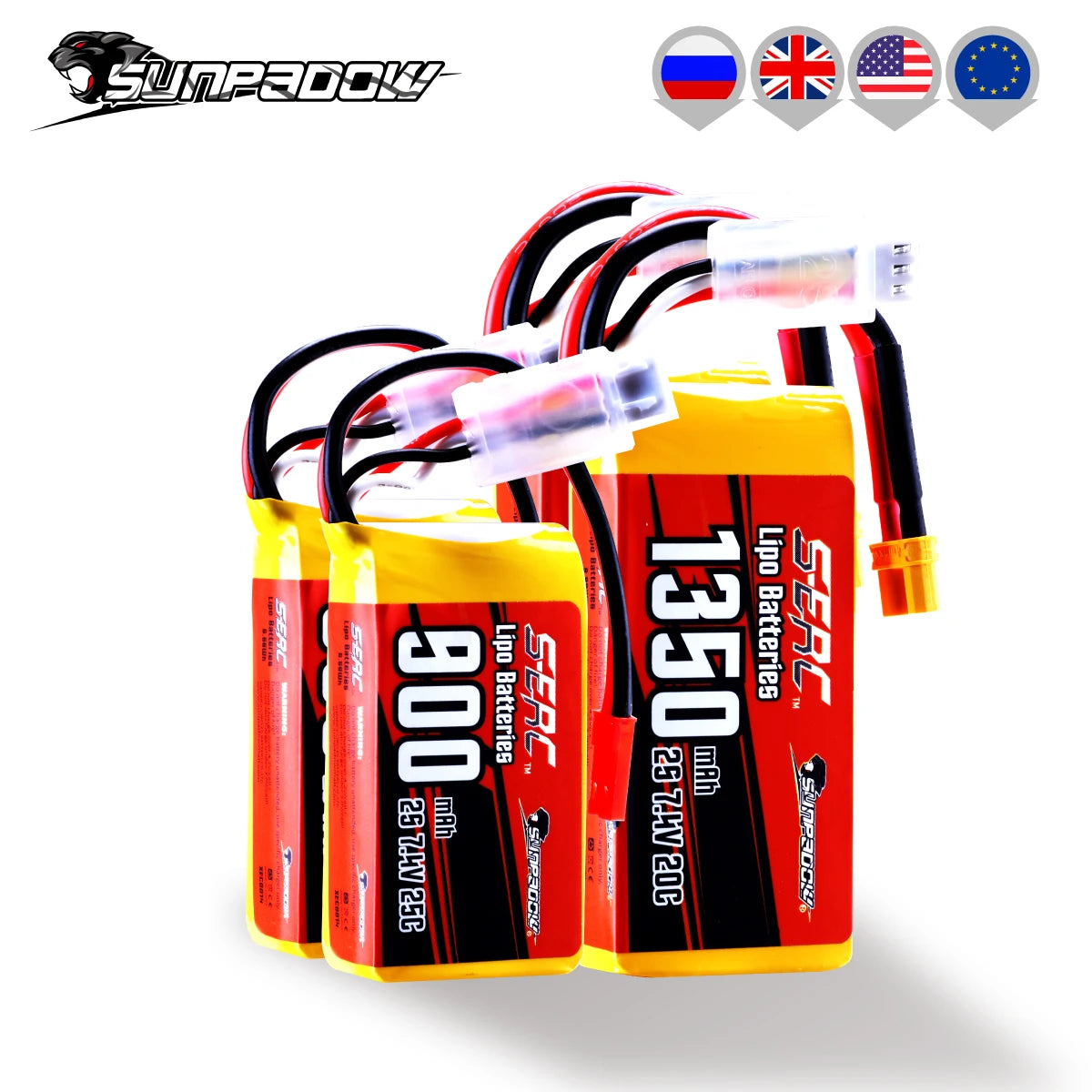 Sunpadow 2S LiPo Battery 2-Pack: 7.4V 900mAh JST (25C) + 1350mAh XT30 (20C) Soft Packs for RC Aircraft