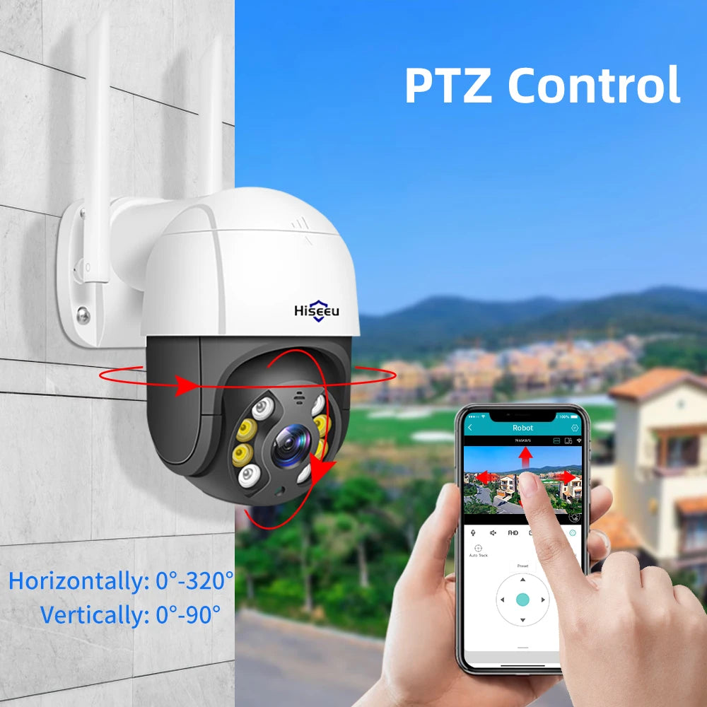 Hiseeu 4K 8MP Smart Wifi PTZ Camera, Adjust camera angle with Pan-Tilt-Zoom control, spanning 8.32° horizontal and 9.91° vertical.