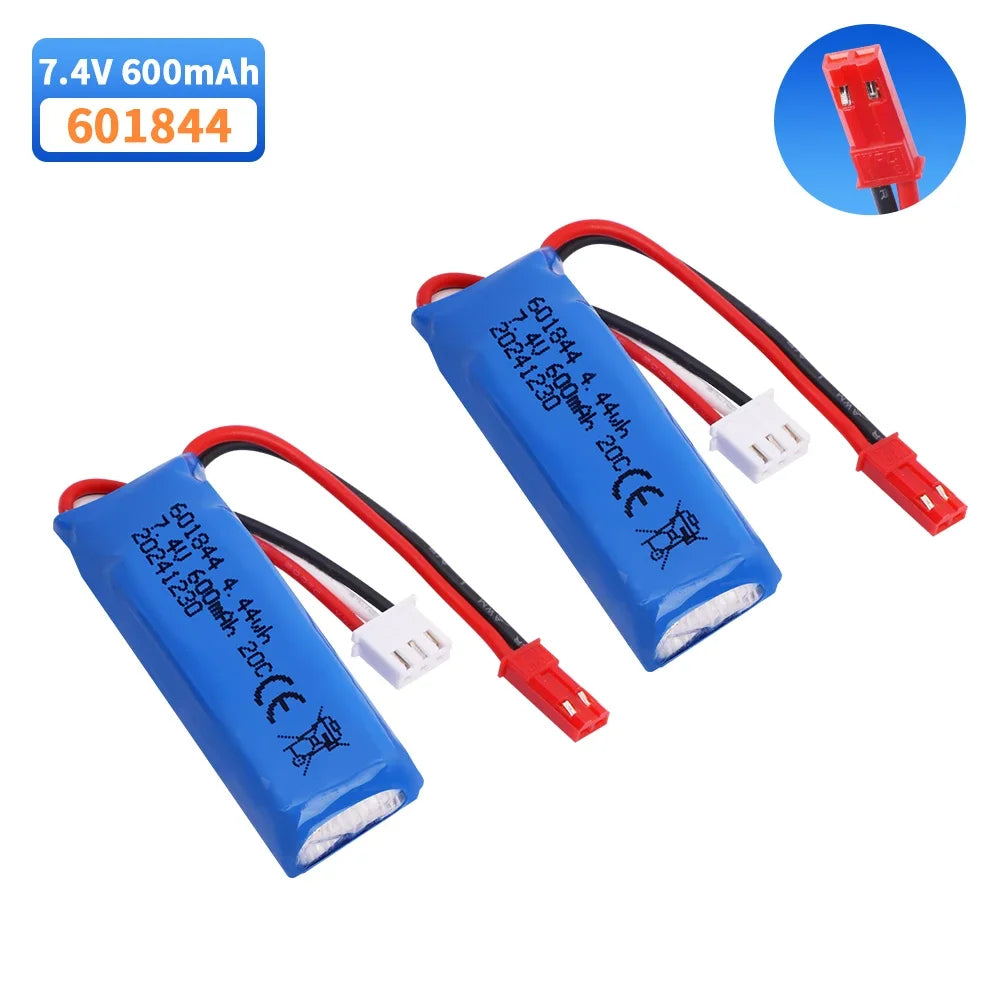 601844 7.4V 600mAh 2S Lipo Battery, JST Plug, for WLtoys K969 K979 K989 K999 P929 P939 RC Cars, 1–5pcs Set