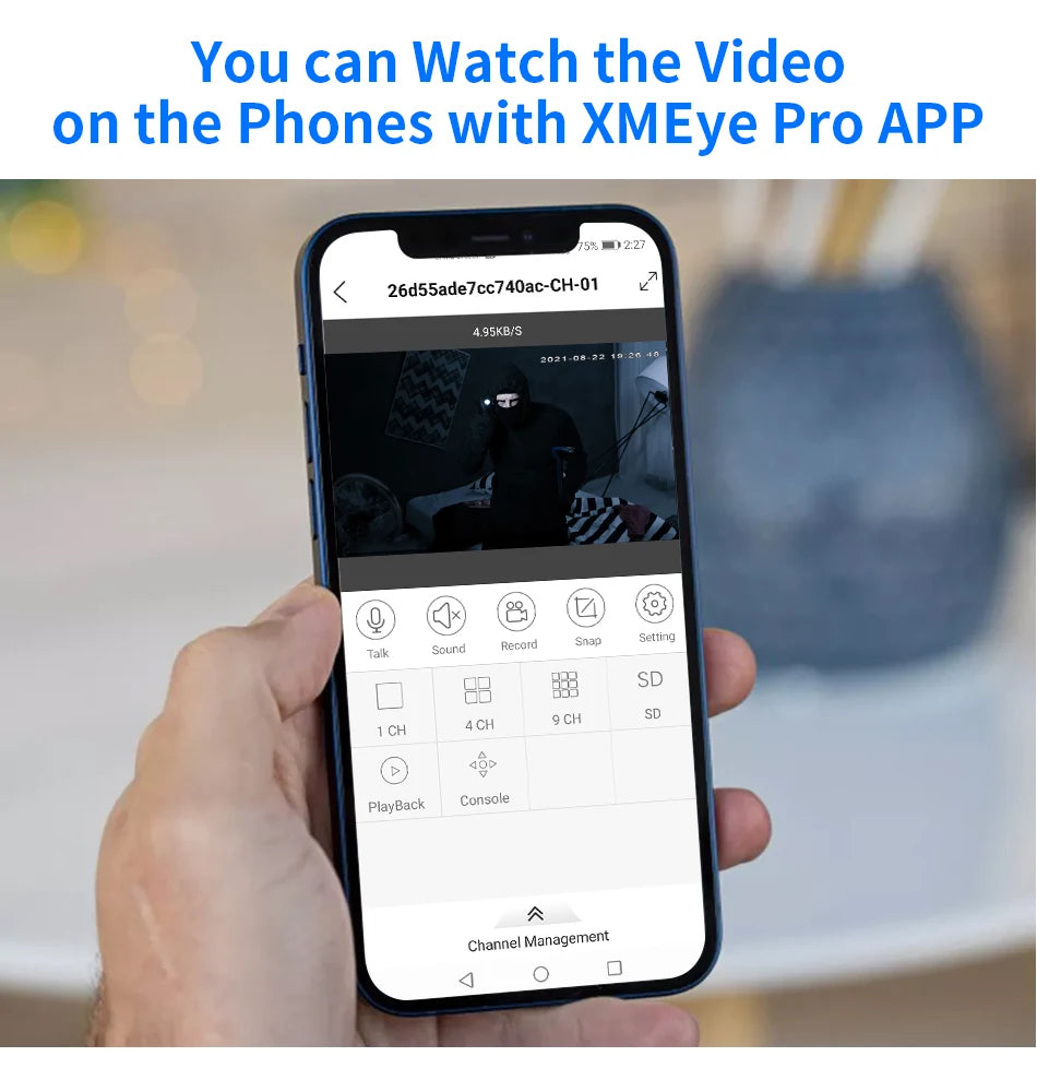 Hiseeu 5MP Camera, Watch videos on phones with XMEye Pro app, supporting snapshots, sound recordings, and channel management.