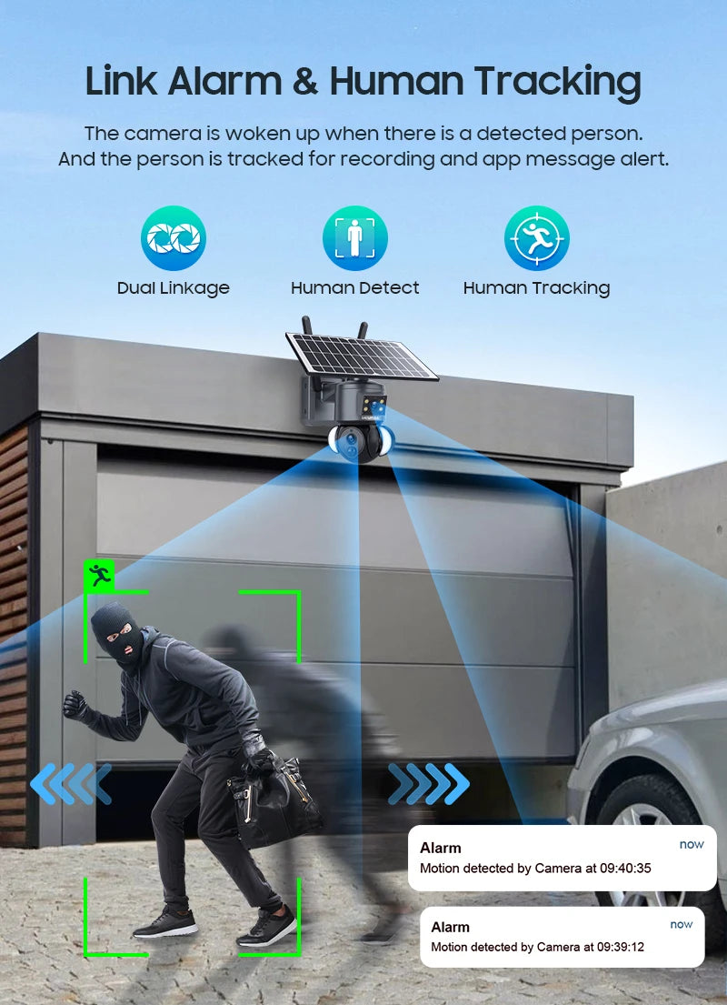 SHIWOJIA 4K 8MP Solar Camera, Smart camera detects and tracks humans, sends alerts and recordings to app via real-time notifications.