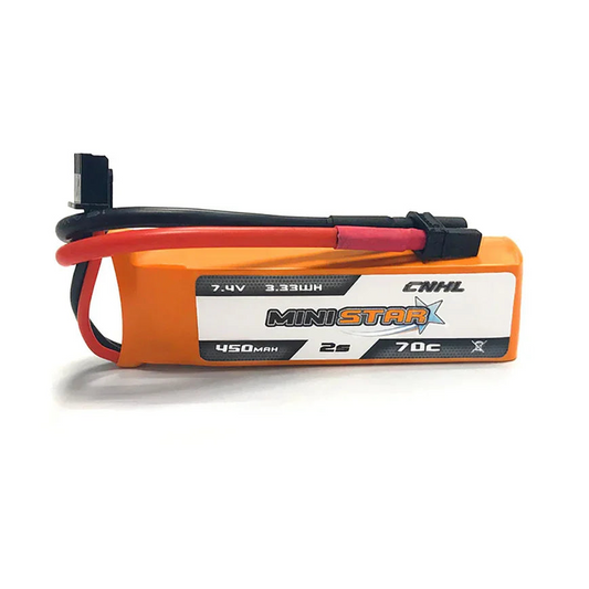 Two CNHL MiniStar 450mAh 7.4V 2S 70C LiPo batteries with XT30U connectors, CE certified for safe, high-performance use in RC models.
