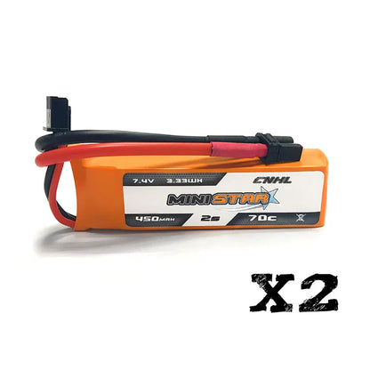 Two CNHL MiniStar 450mAh 7.4V 2S 70C LiPo batteries with XT30U connectors, CE certified, ideal for high-performance RC models.