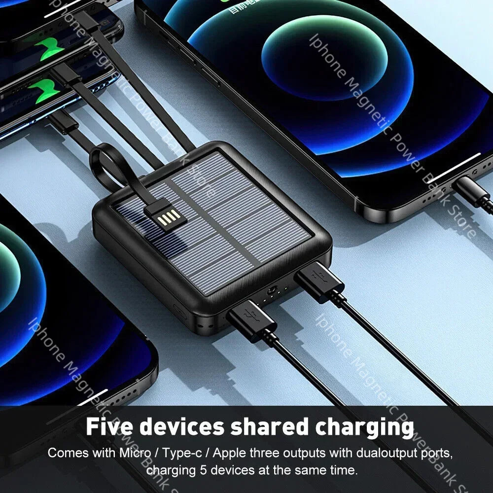 Portable Solar Power Bank 10k/30k/50k mAh - Built-in Cables, 5-Device Fast Charging, LED — for iPhone/Samsung/Xiaomi