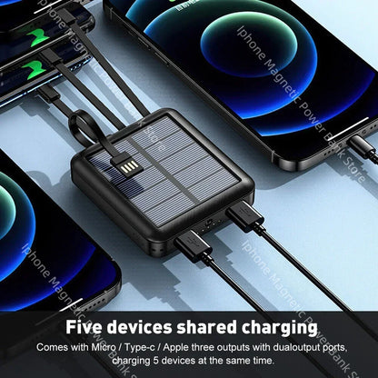 Portable Solar Power Bank 10k/30k/50k mAh - Built-in Cables, 5-Device Fast Charging, LED — for iPhone/Samsung/Xiaomi