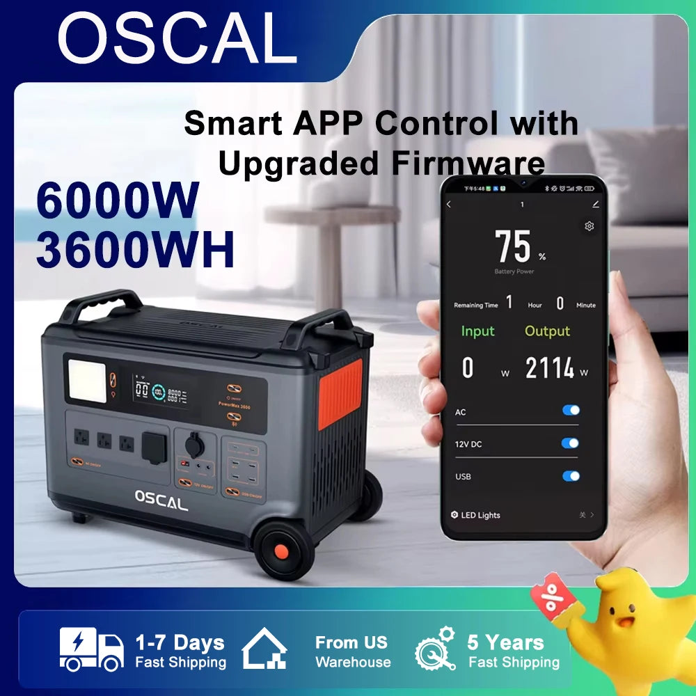 Oscal Blackview 6000W Power Station, OSCAL 6000W power station with 3600Wh capacity, smart app control, pure sine wave, 14 ports, LiFePO4 battery, 5-year warranty, fast US shipping.