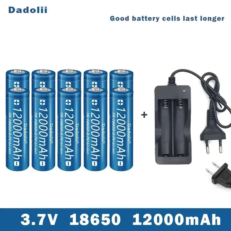 18650 Li-ion Rechargeable Battery 3.7V with Charger Set, Claimed 12000mAh, For Flashlight Torch (Dadolii)