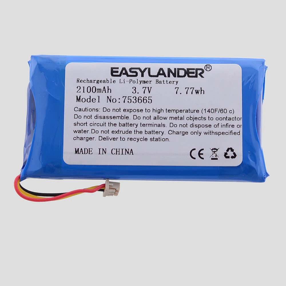 2100mAh Li-Polymer battery, 3.7V, blue casing, three-wire connector. Avoid heat, water, damage. Use correct charger. Recycle. Made in China. CE marked.