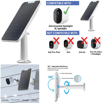 Arlo Essential Solar Panel, Compatible with Arlo Essential and XL Spotlights, featuring adjustable mount and solar-powered charging.