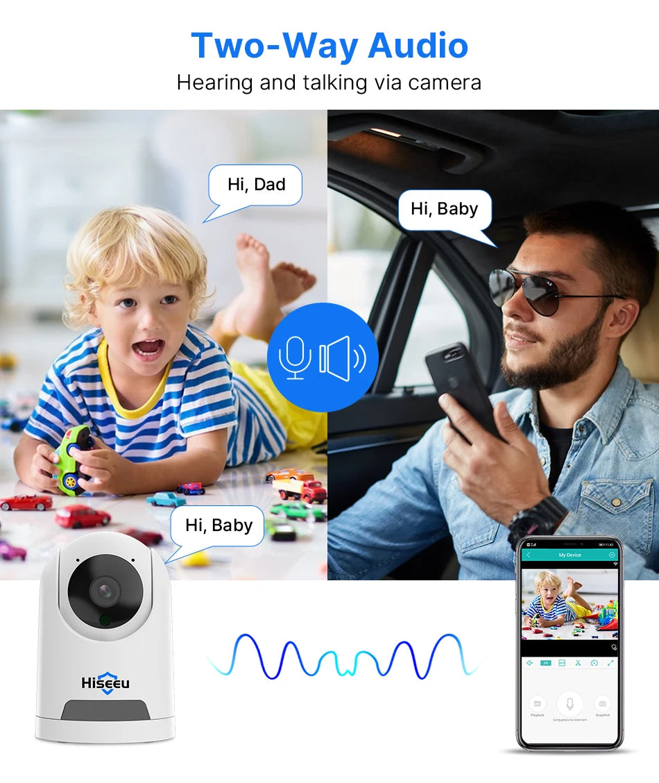 Hiseeu 2MP Baby Pet Monitor Camera, Initiate real-time conversations between you and your baby using 'Hi, Dad' or 'Hi, Baby'