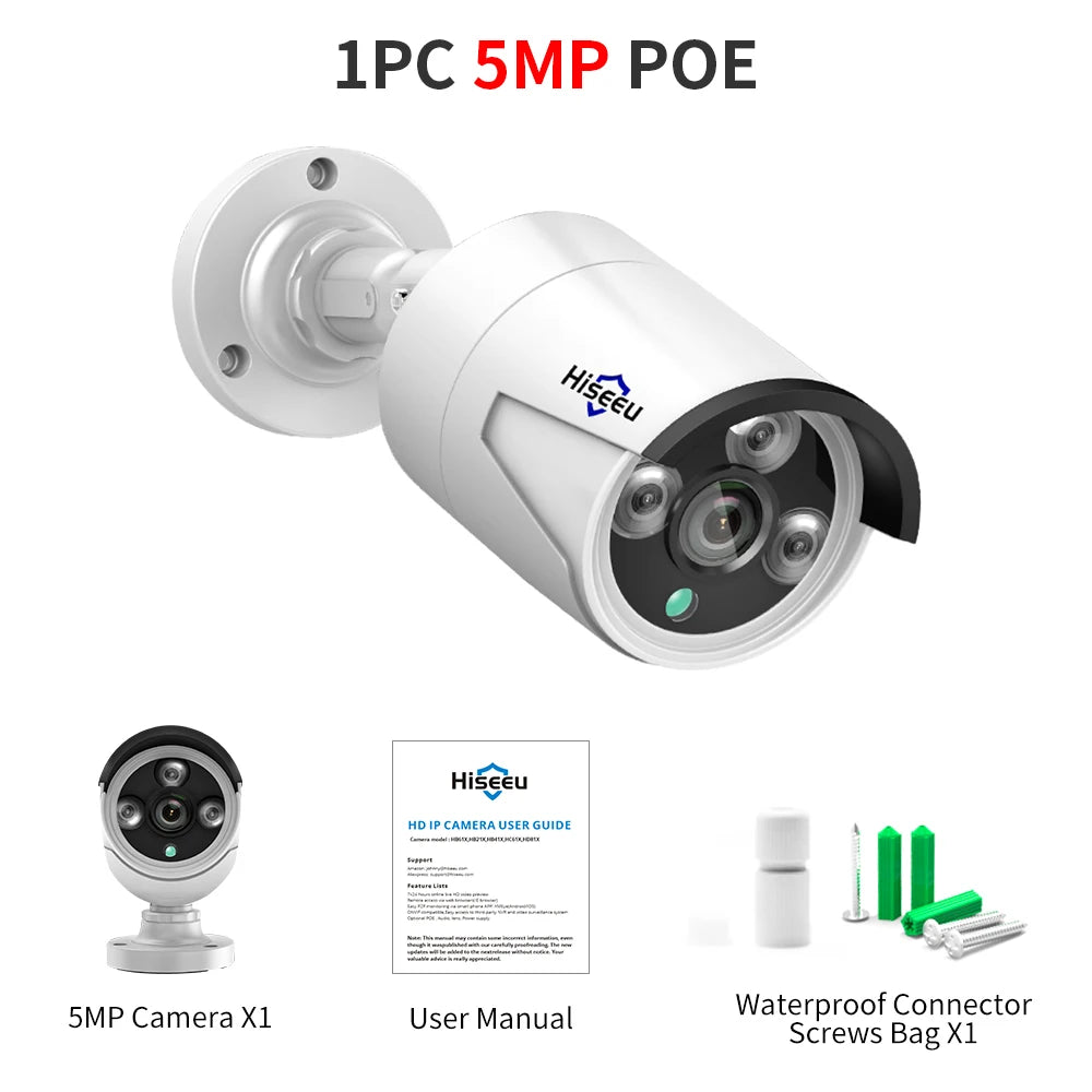 Hiseeu 5MP Camera, Hiseeu 1PC User Guide with manual, waterproof connector screws, and bag for easy POE IP camera setup.