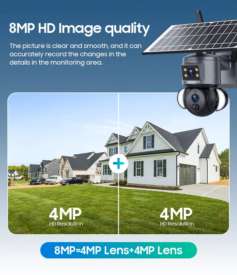 SHIWOJIA 4K 8MP Solar Camera, Captures high-definition images with clarity and precision, ideal for detailed monitoring.