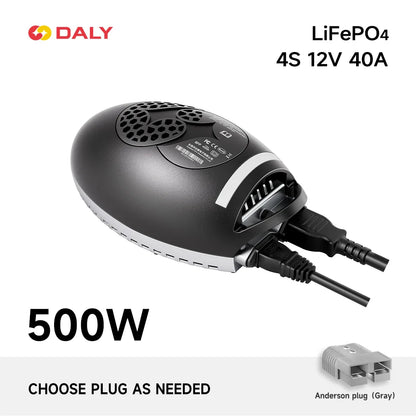 LiFePO4 4S 12V 40A 500W charger option with gray Anderson plug shown as selected DC connector