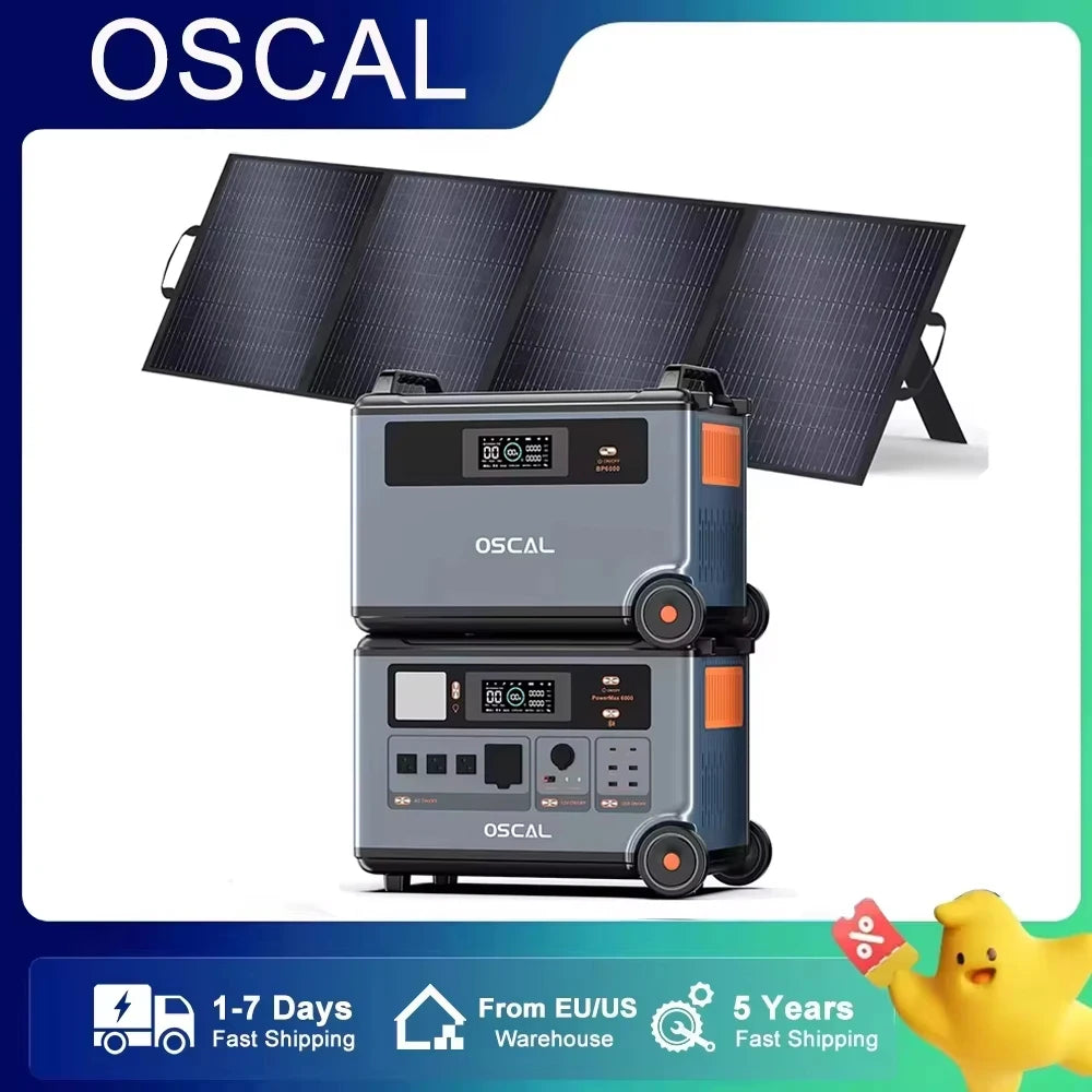OSCAL PowerMax 6000: 7200Wh, 6000W LiFePO4 solar generator, CE/UL certified, ideal for home backup, fast shipping, backed by 5-year warranty.