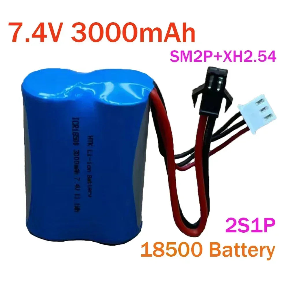 7.4V 3000mAh 2S1P 18500 Lipo Battery, 7.4V 3000mAh 2S1P Li-ion battery pack with SM2P and XH2.54 connectors, designed for RC boats and toy cars.