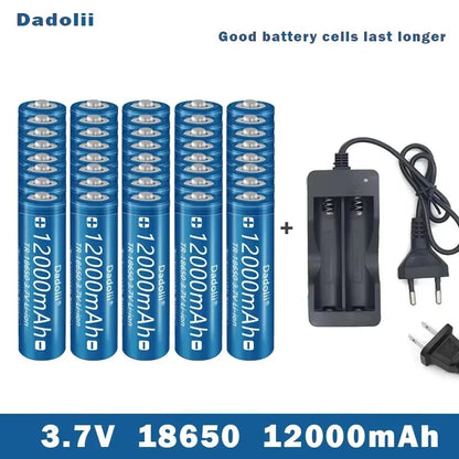 18650 Li-ion Rechargeable Battery 3.7V with Charger Set, Claimed 12000mAh, For Flashlight Torch (Dadolii)