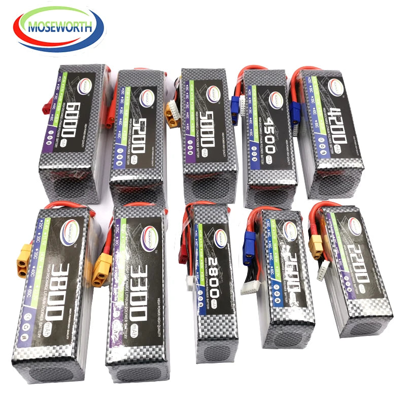 MOSEWORTH LiPo Battery 2S/3S/4S/6S 1300–6000mAh, 30C–60C, 7.4–22.2V for RC Drone, Airplane, Car, Helicopter