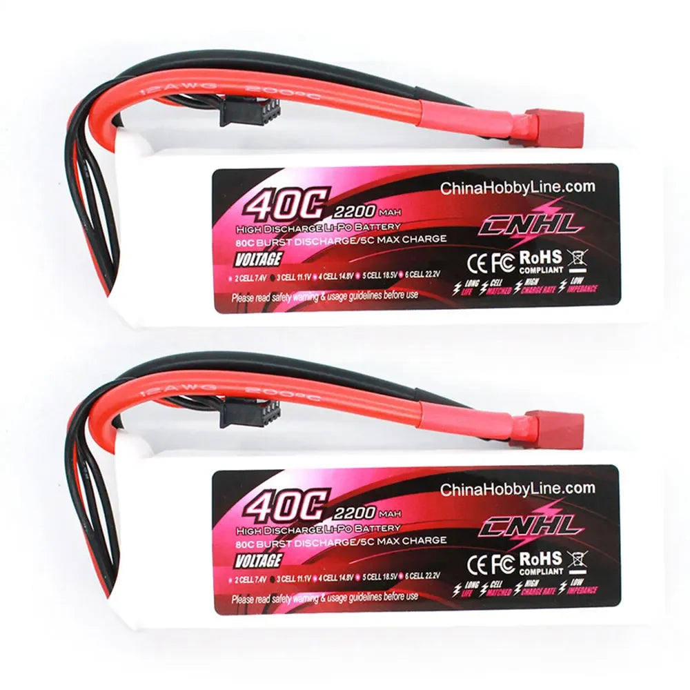 2PCS CNHL 3S 11.1V Lipo Battery, CNHL 40C 2200mAh LiPo battery, 80C burst, 5C charge, 7.4V–22.2V, CE/FC/RoHS certified, XT60 plug, for RC helicopters, planes, FPV.