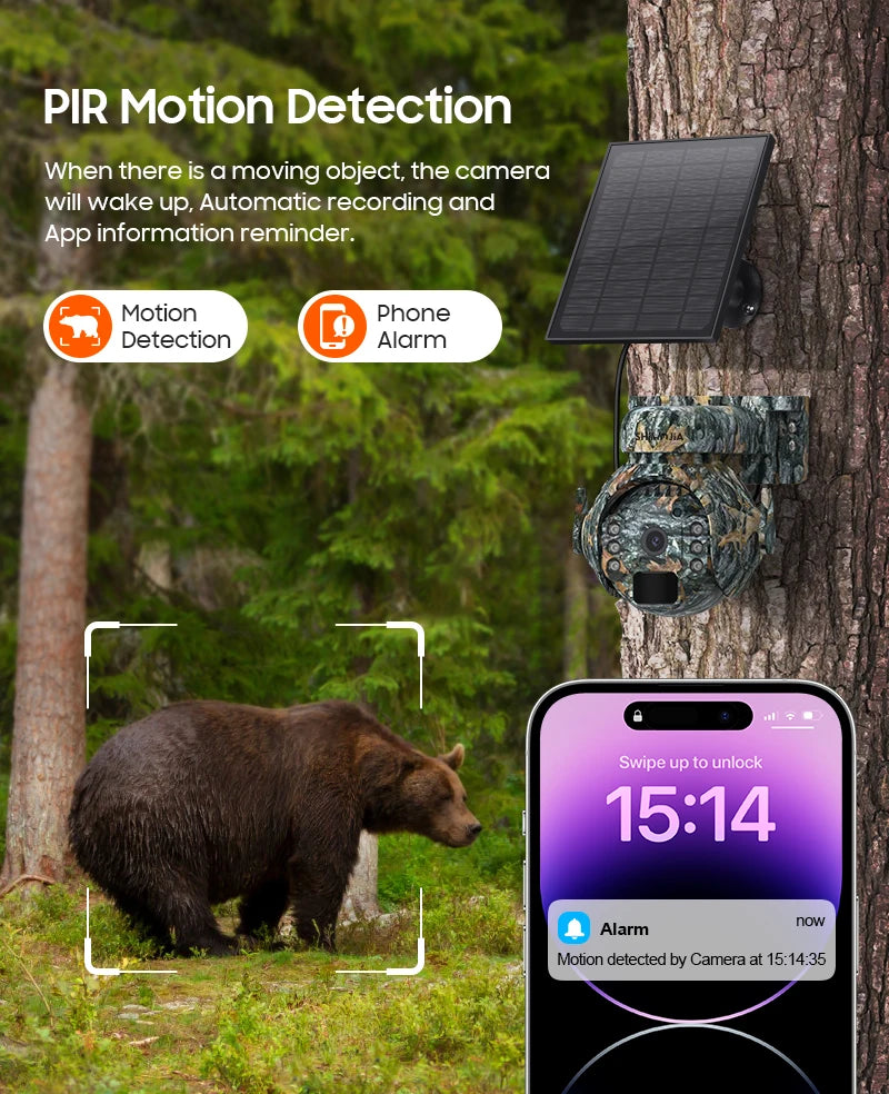 SHIWOJIA 3MP 4G Solar Camera, Automatic recording triggered by motion detection, with app notifications and unlock option via swipe-up.