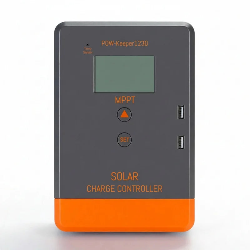 Front view of PowMr POW-Keeper MPPT solar charge controller with LCD display, buttons, and two USB ports