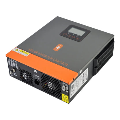 Angled view of PowMr solar inverter charger showing top LCD controls and side ventilation fins