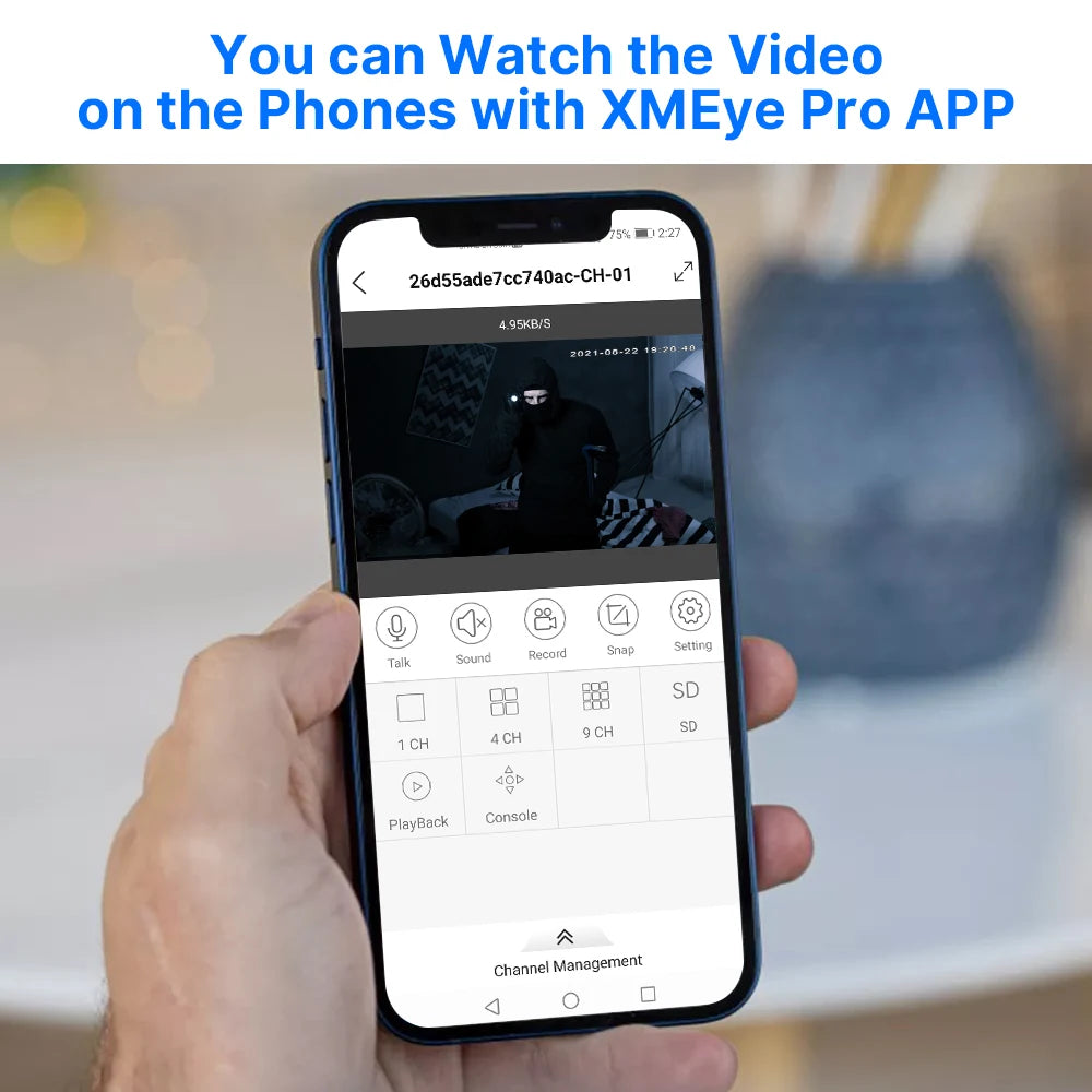 Hiseeu 5MP Camera, Monitor and record streams with XMEye Pro app, featuring sound recording, talkback, and channel management.