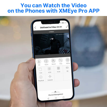 Hiseeu 5MP Camera, Monitor and record streams with XMEye Pro app, featuring sound recording, talkback, and channel management.