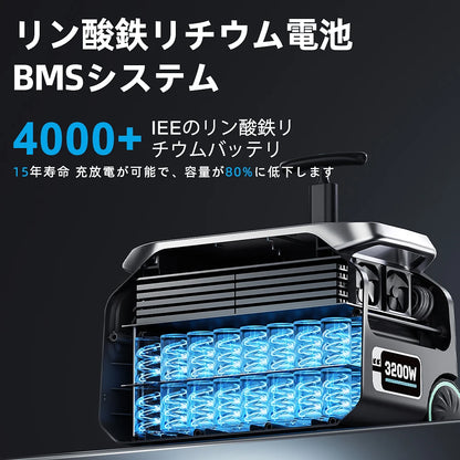 IEE LiFePO4 battery offers 4000+ cycles, 15-year life, 80% capacity retention, BMS, and 3200W power station with pure sine wave and fast solar charging.