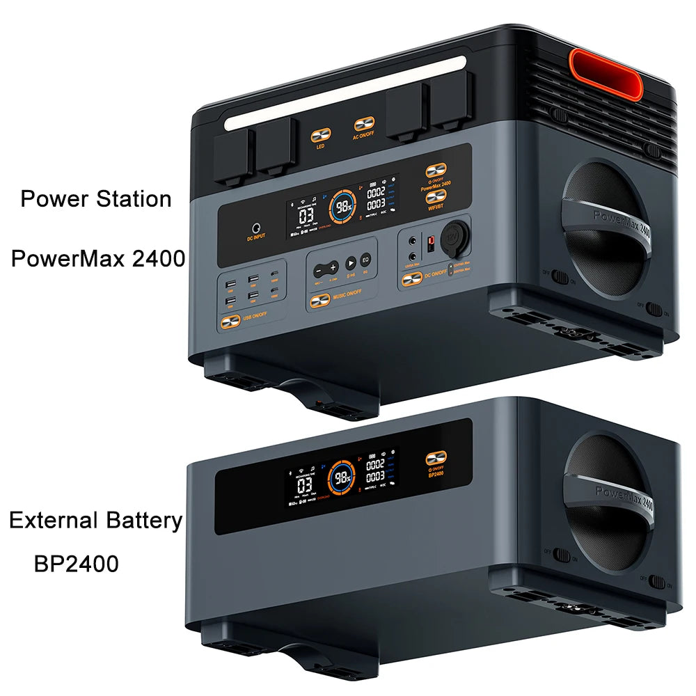 Oscal PowerMax 2400 Portable Power Station, PowerMax 2400 is a 2400W, 1872Wh power station with external battery support, WiFi/Bluetooth app control, and solar compatibility for versatile portable power.
