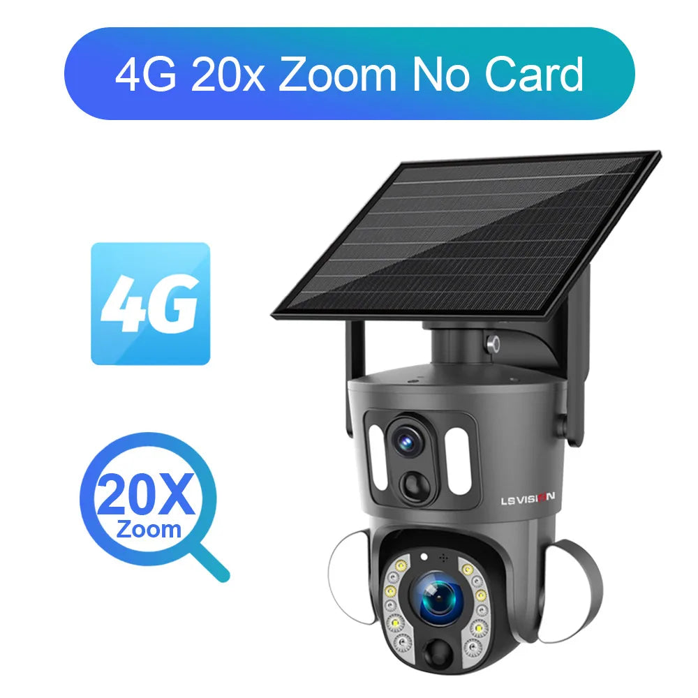 LS VISION 4K 8MP Solar Camera - 20X Optical Zoom Dual Screen WiFi 4G Sim PTZ Dual PIR Detection Humanoid Auto Tracking CCTV Camera