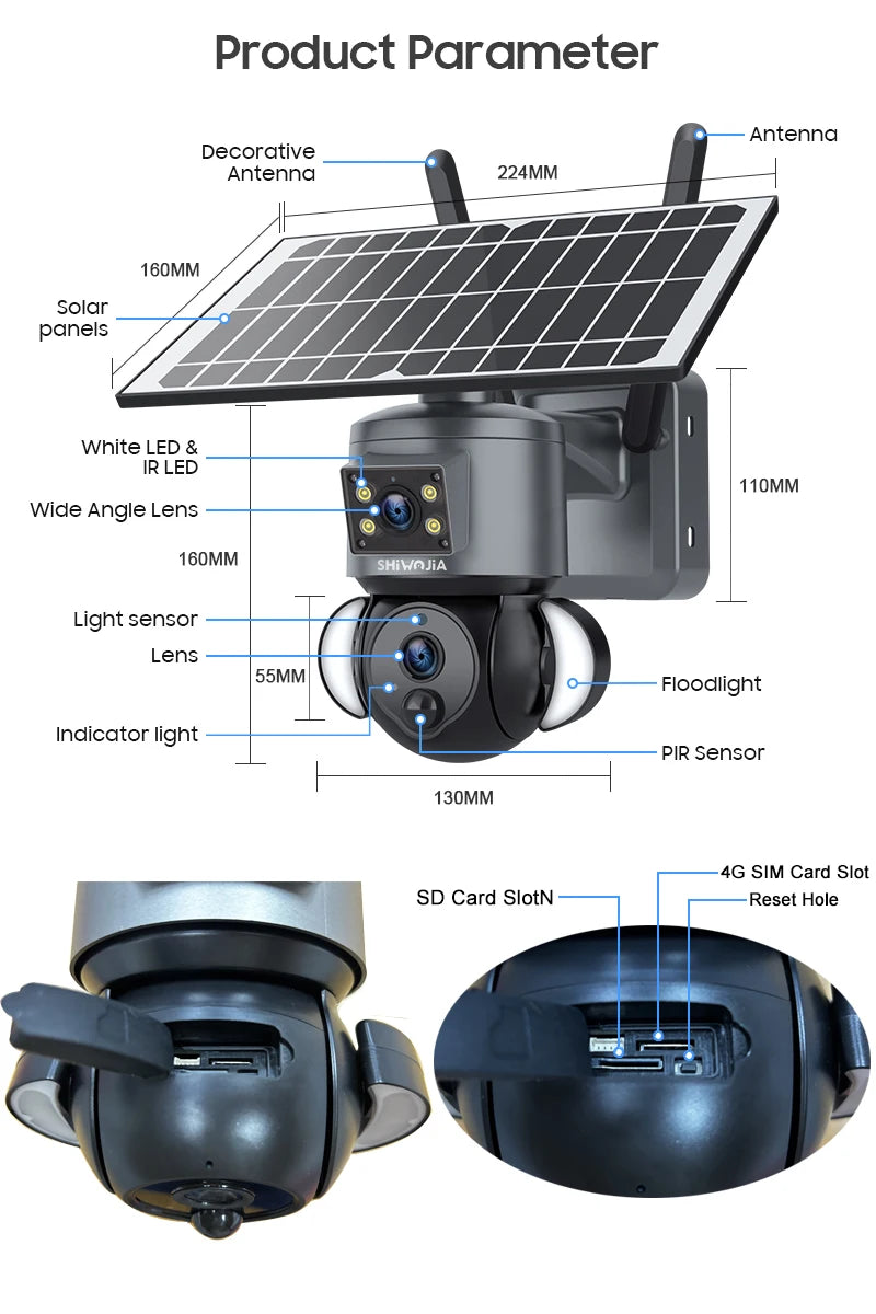 SHIWOJIA 4K 8MP Solar Camera, Advanced solar-powered security camera with 4K/8MP, dual lens, and PTZ tracking features for reliable monitoring.