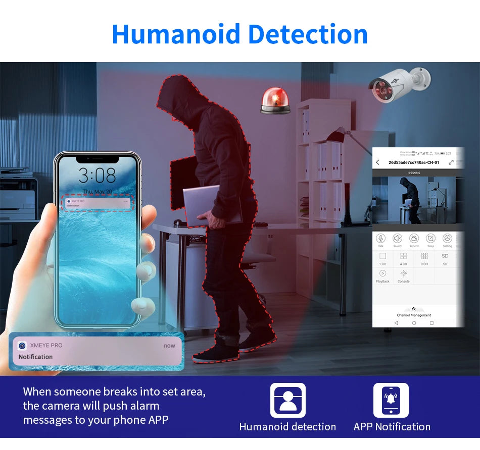 Hiseeu 5MP Camera, Intruder alert system sends instant notifications to your phone with humanoid detection.