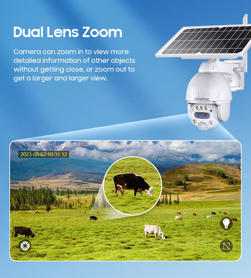 SHIWOJIA S379 Solar Camera, Dual lens camera provides adjustable magnification and wide-angle views.