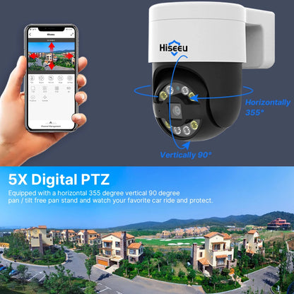 Hiseeu 2K 4MP Camera, Pan-tilt-zoom camera with wide range of motion for monitoring car rides or surveillance.