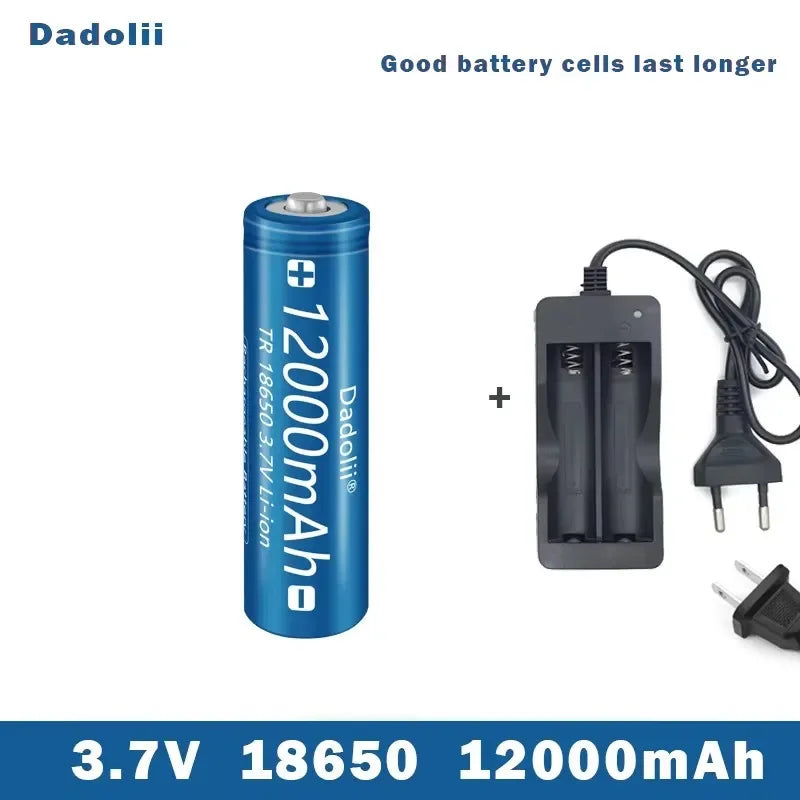 18650 Li-ion Rechargeable Battery, Dadolii 18650 3.7V 12000mAh Li-ion battery with charger offers high capacity and durable performance, ideal for flashlights and long-term use.