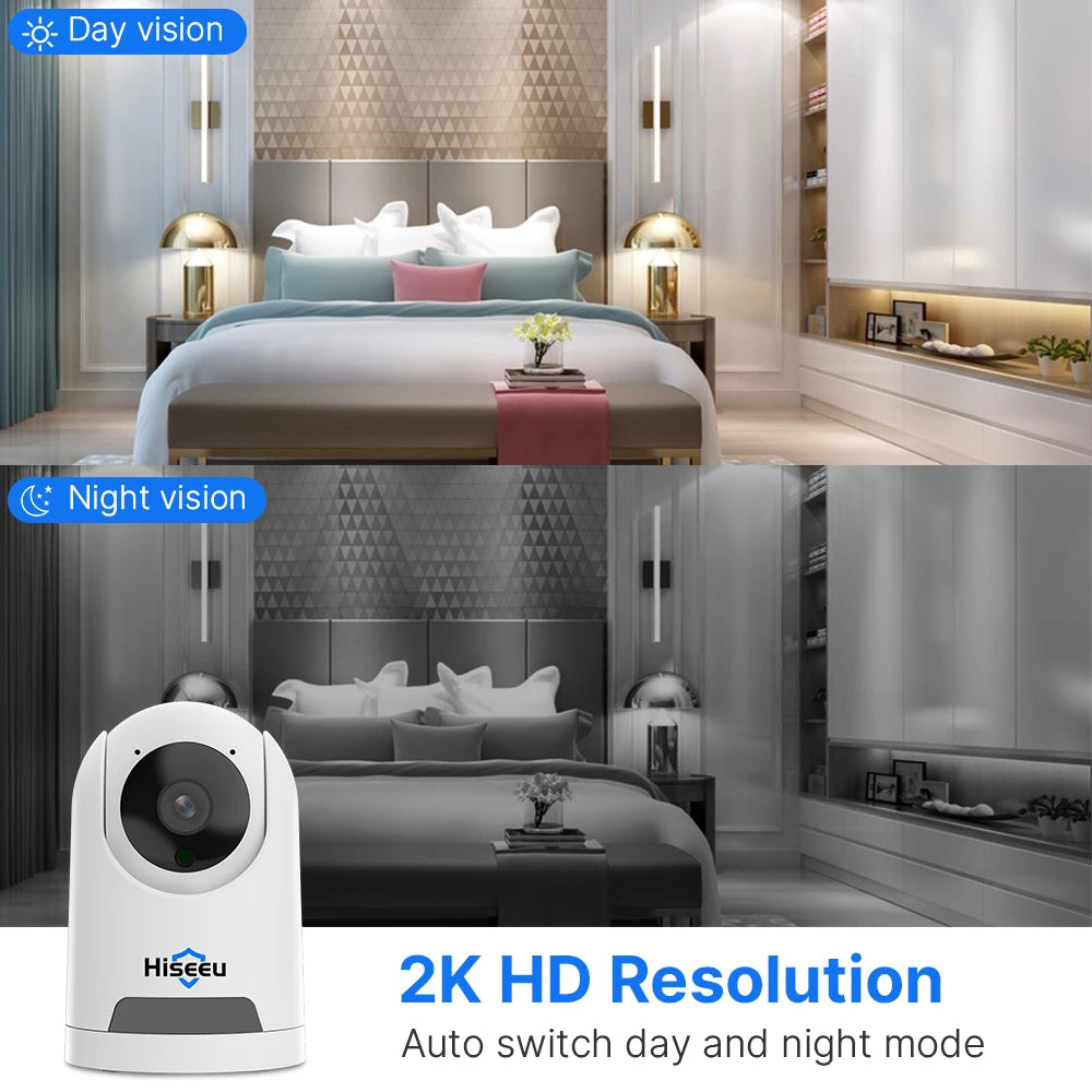 Hiseeu 2MP Baby Pet Monitor Camera, Enjoy clear views with 2K HD resolution, auto-switching between day and night modes.