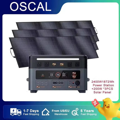 OSCAL 2400W portable power station with 1872Wh LiFePO4 battery, includes 3×200W solar panels, fast shipping, and 5-year warranty.