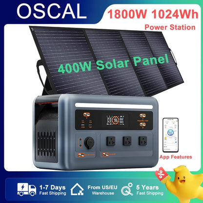 OSCAL PowerMax1800 1024Wh Portable Power Station, OSCAL 1800W portable power station with 1024Wh capacity, includes 400W solar panel, app control, and fast shipping for reliable off-grid energy.