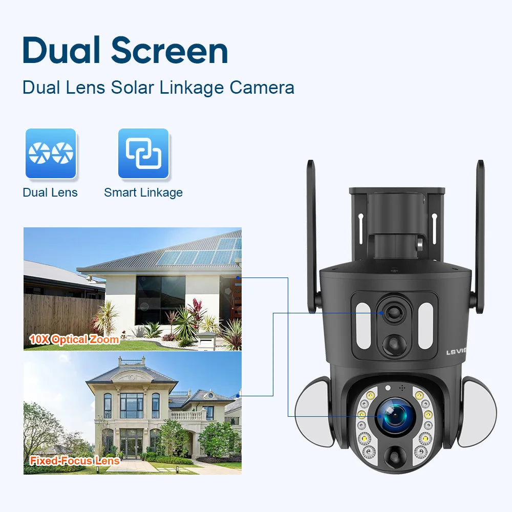 LS VISION 4K 8MP Solar Camera, Dual Screen Dual Lens Solar Linkage Camera Dual Lens Smart Linkage dX@ptic