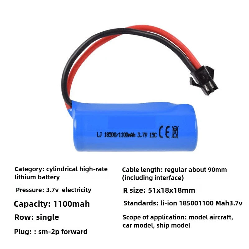 3.7V 1100mAh 18500 Li-Ion Battery, 3.7V 1100mAh cylindrical lithium battery, 18500 size, 90mm cable, CE marked, for model aircraft/car/ship, dimensions 51x18x18mm.
