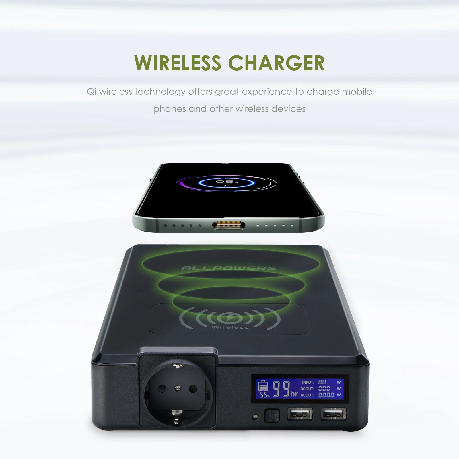 A 200W portable power station featuring USB-C PD, Qi wireless charging, a digital display, and multiple ports.